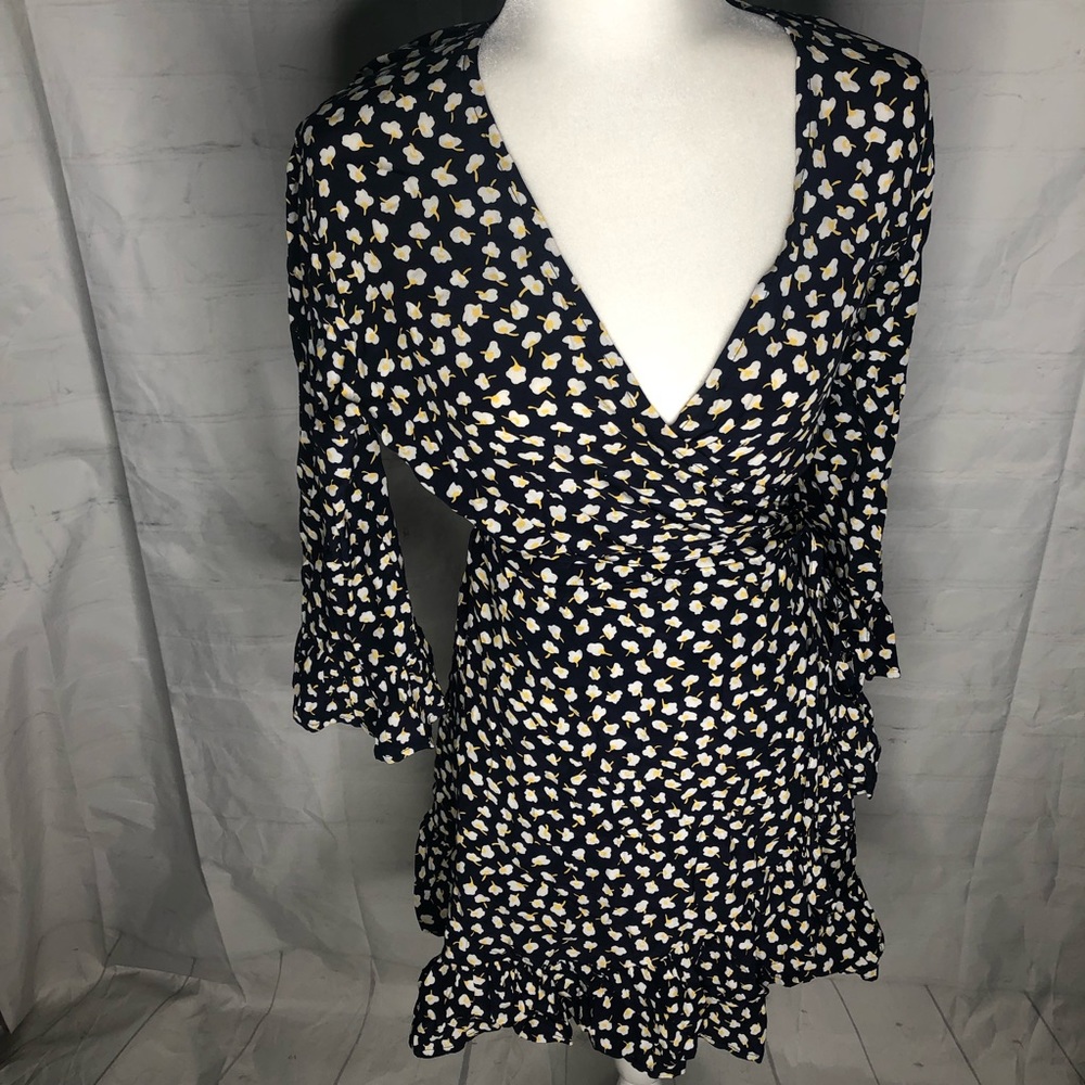 Faithfull The Brand Womens Floral Mini Wrap Dress 3/4 Sleeve Ruffled Hem large